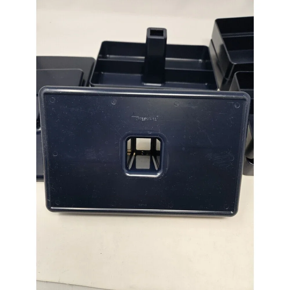 VINTAGE TUPPERWARE 4 PIECE STACKABLE JEWELRY DESK ORGANIZER NAVY BLUE SET OF 2